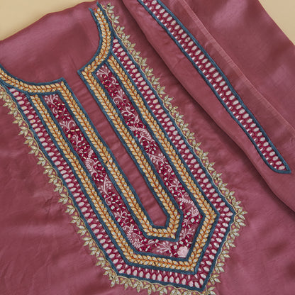 Onion Pink Dupion Satin Resham Mirror Embroidered Kurta Fabric