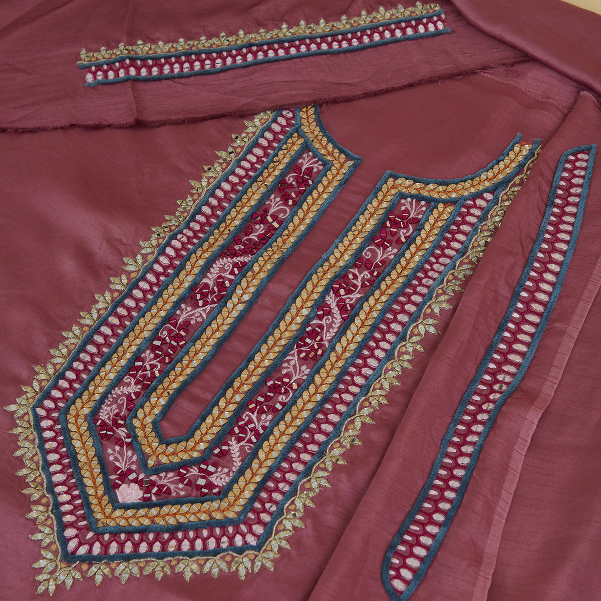 Onion Pink Dupion Satin Resham Mirror Embroidered Kurta Fabric