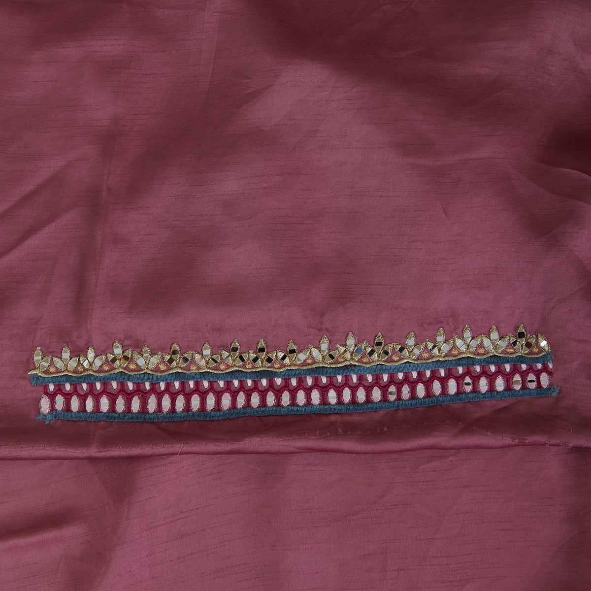 Onion Pink Dupion Satin Resham Mirror Embroidered Kurta Fabric