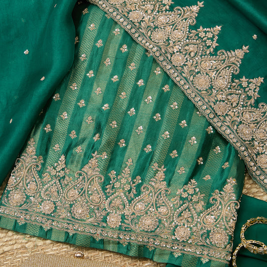 Bottle Green Chiniya Silk Embroidered Kurta Set with Dupatta