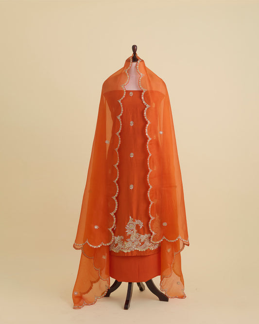 Orange Silk Dupion Kurta Set with Zardosi, Dori & Sequin Embroidery