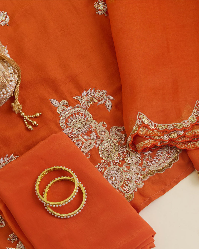 Orange Silk Dupion Kurta Set with Zardosi, Dori & Sequin Embroidery