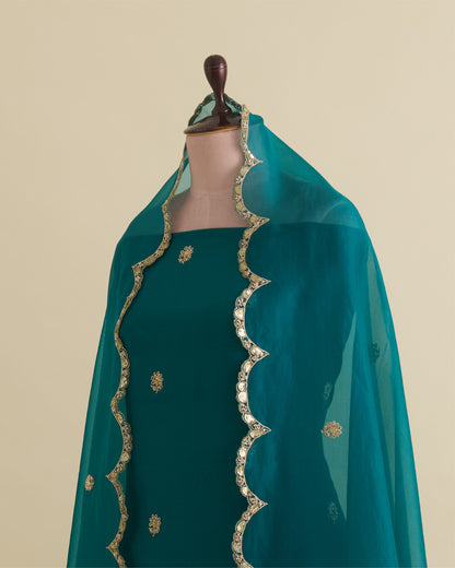 Peacock Green Dupion Silk Kurta Set with Zardozi & Organza Dupatta