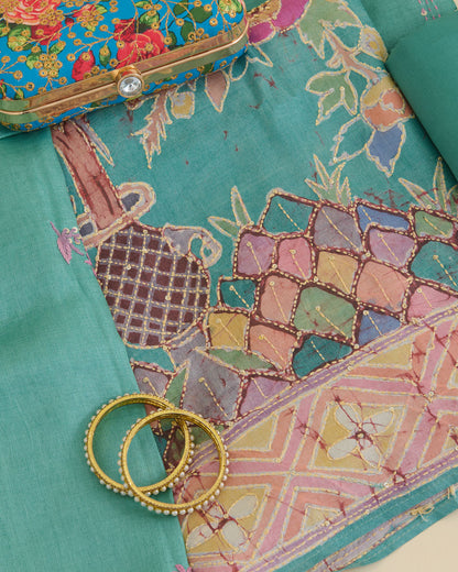 Sea Green Desi Tussar Printed Suit with Katha Stitch & Embroidered Dupatta