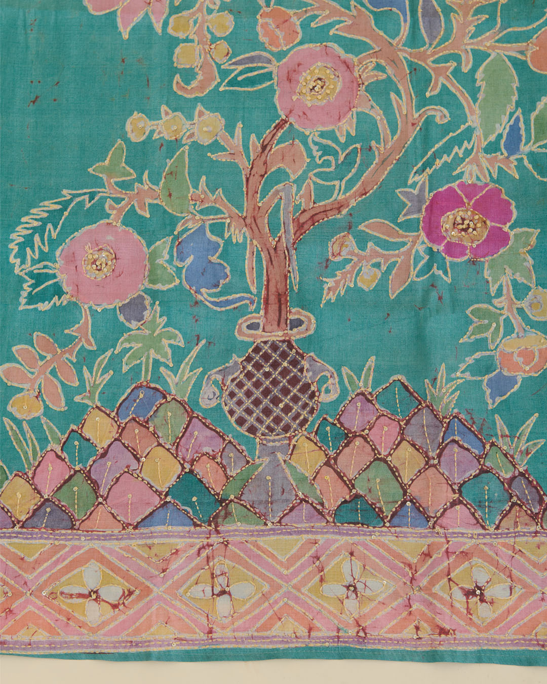 Sea Green Desi Tussar Printed Suit with Katha Stitch & Embroidered Dupatta
