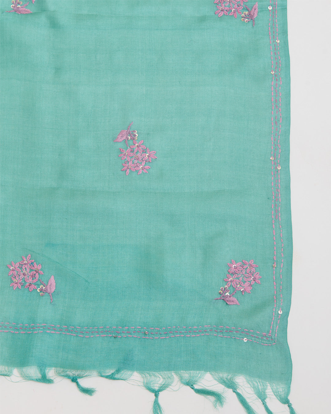 Sea Green Desi Tussar Printed Suit with Katha Stitch & Embroidered Dupatta