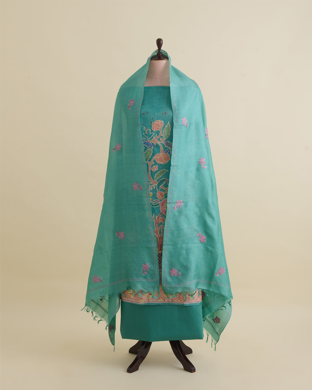 Sea Green Desi Tussar Printed Suit with Katha Stitch & Embroidered Dupatta