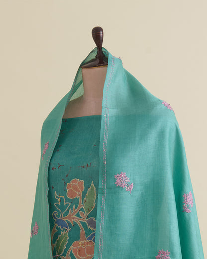 Sea Green Desi Tussar Printed Suit with Katha Stitch & Embroidered Dupatta