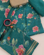 Sea Green Desi Tussar Printed Suit with Katha Stitch Embroidery and Dupatta