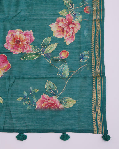 Sea Green Desi Tussar Printed Suit with Katha Stitch Embroidery and Dupatta