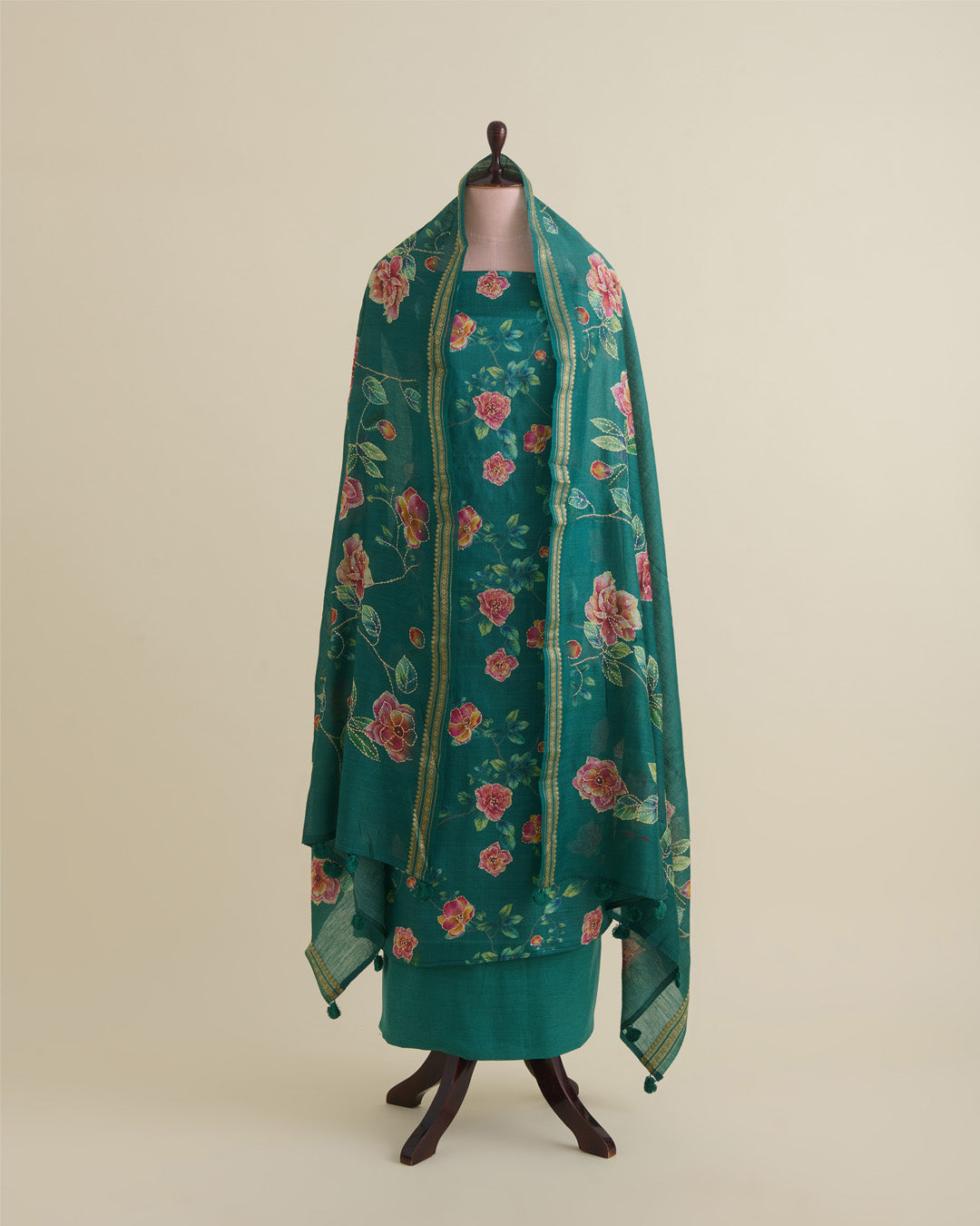 Sea Green Desi Tussar Printed Suit with Katha Stitch Embroidery and Dupatta