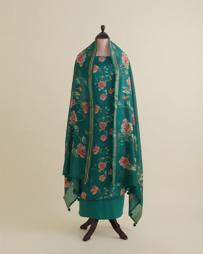 Sea Green Desi Tussar Printed Suit with Katha Stitch Embroidery and Dupatta