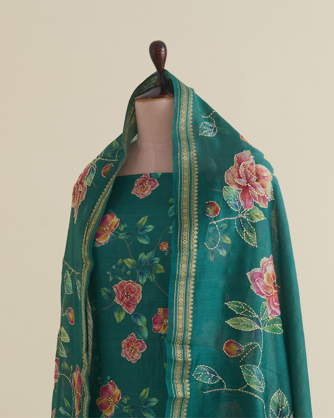 Sea Green Desi Tussar Printed Suit with Katha Stitch Embroidery and Dupatta