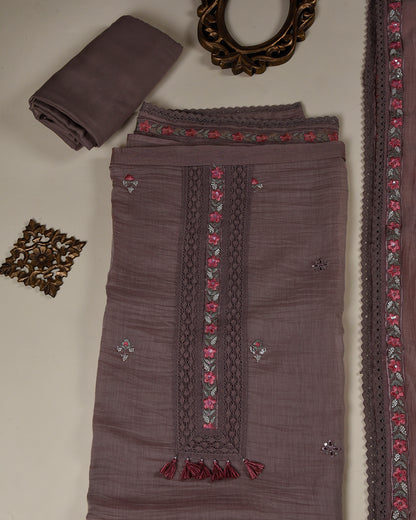 Brown & Pink Fine Chanderi Embroidered Suit with Dupatta