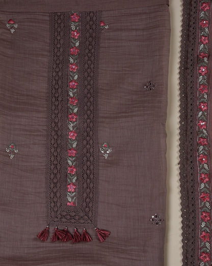 Brown & Pink Fine Chanderi Embroidered Suit with Dupatta