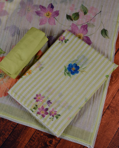Off White & Green Fine Chanderi Printed Suit with Sequins Dupatta