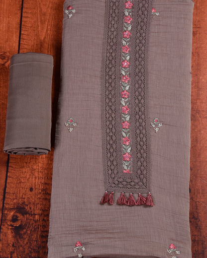 Brown & Pink Fine Chanderi Embroidered Suit with Dupatta