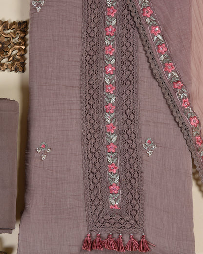 Brown & Pink Fine Chanderi Embroidered Suit with Dupatta