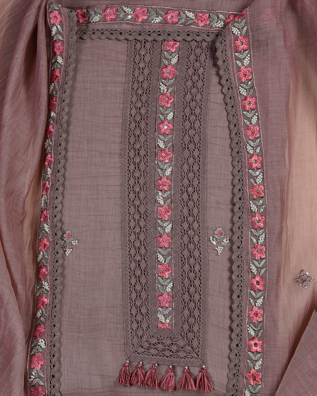 Brown & Pink Fine Chanderi Embroidered Suit with Dupatta