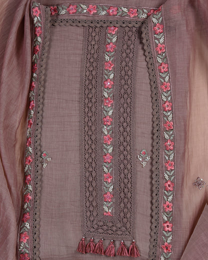 Brown & Pink Fine Chanderi Embroidered Suit with Dupatta