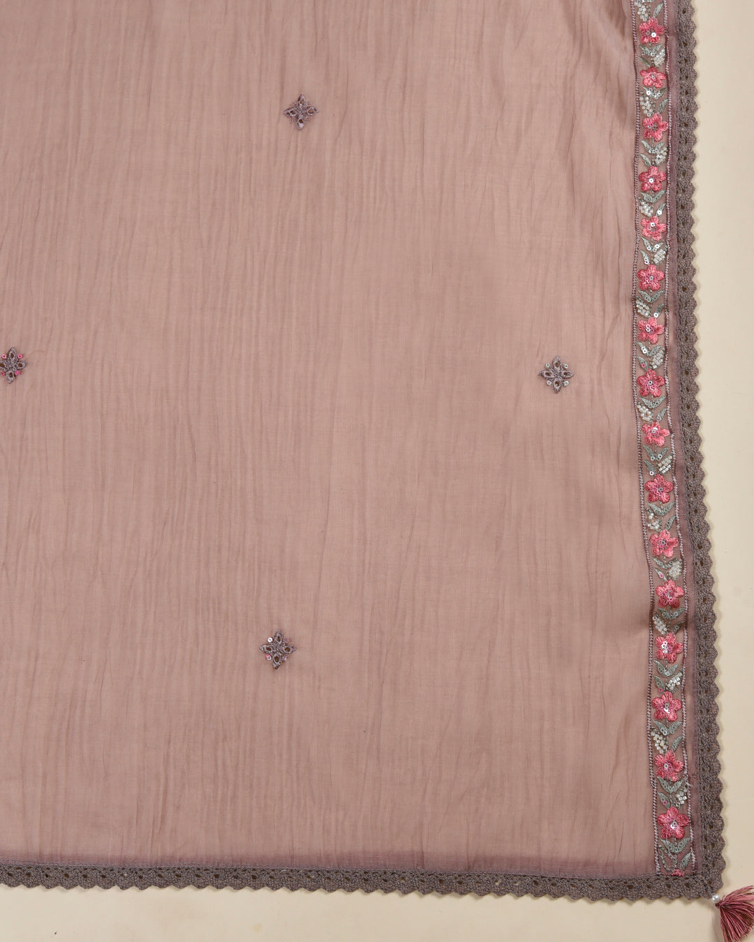 Brown & Pink Fine Chanderi Embroidered Suit with Dupatta