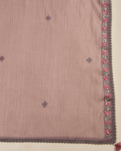 Brown & Pink Fine Chanderi Embroidered Suit with Dupatta
