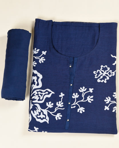 Navy Blue Fine Chanderi Appliqué Embroidered Suit Set