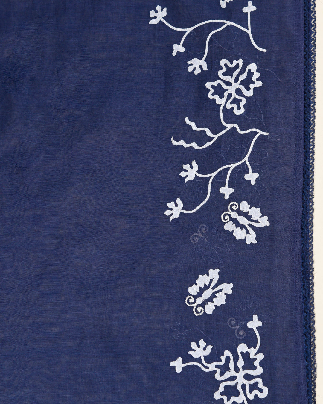 Navy Blue Fine Chanderi Appliqué Embroidered Suit Set