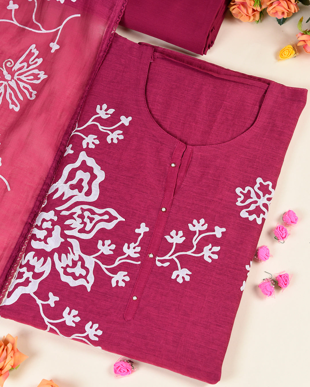 Magenta Pink Fine Chanderi Applique Embroidered Suit Set
