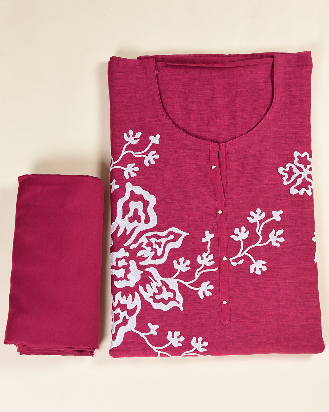 Magenta Pink Fine Chanderi Applique Embroidered Suit Set