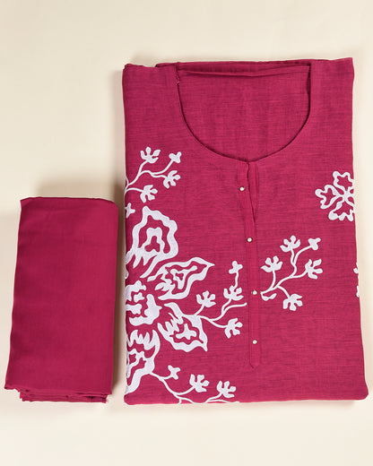 Magenta Pink Fine Chanderi Applique Embroidered Suit Set