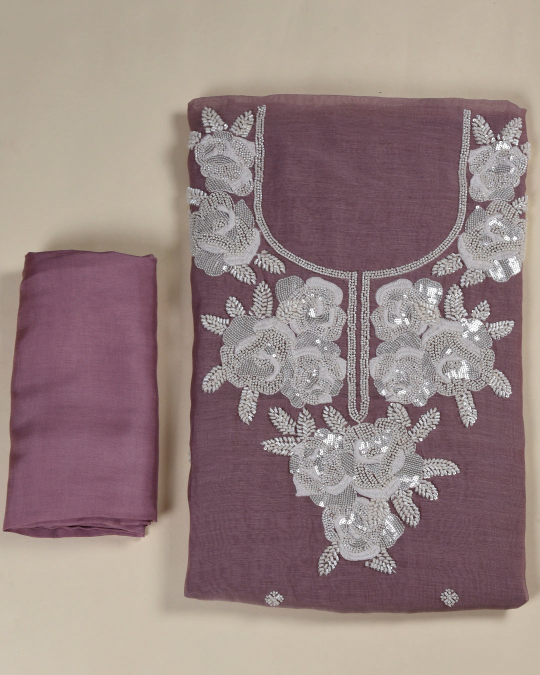 Dusty Mauve Fine Chanderi Embroidered Suit Set