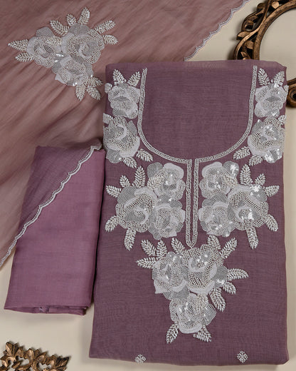 Dusty Mauve Fine Chanderi Embroidered Suit Set