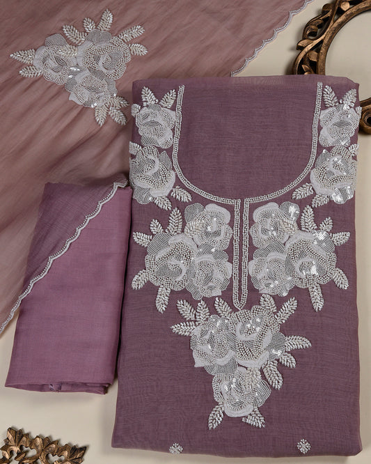 Dusty Mauve Fine Chanderi Embroidered Suit Set