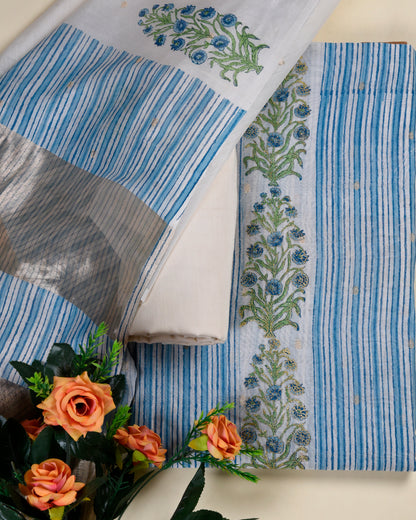 Off White & Blue Fine Chanderi Tissue Printed Suit Set