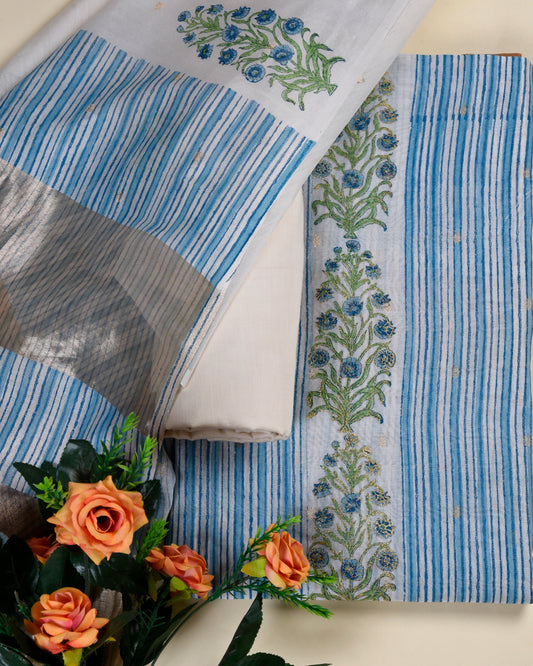 Off White & Blue Fine Chanderi Tissue Printed Suit Set