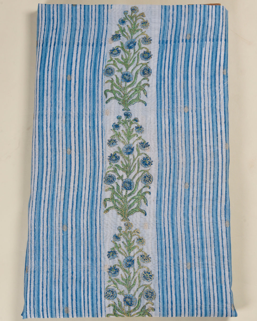 Off White & Blue Fine Chanderi Tissue Printed Suit Set