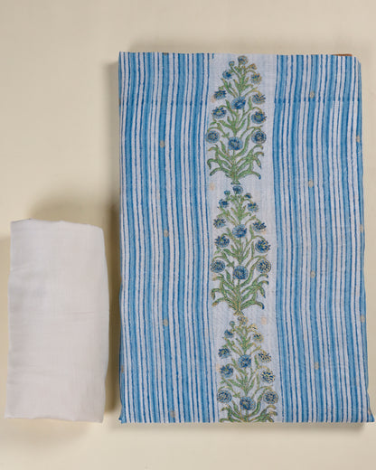 Off White & Blue Fine Chanderi Tissue Printed Suit Set