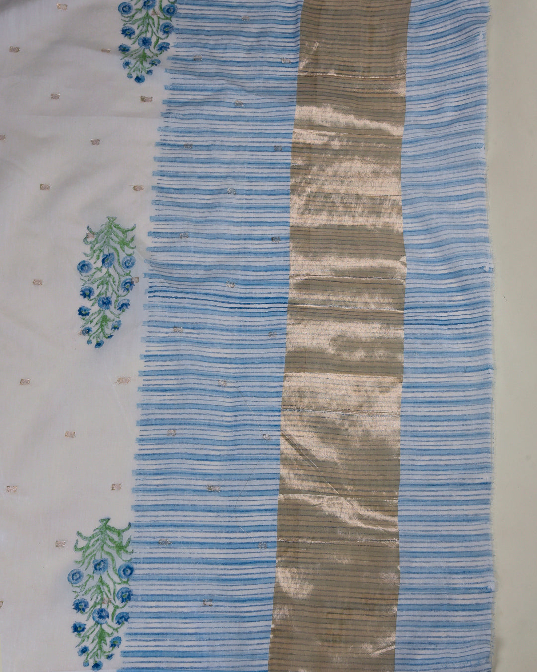 Off White & Blue Fine Chanderi Tissue Printed Suit Set