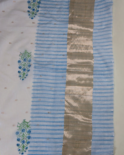 Off White & Blue Fine Chanderi Tissue Printed Suit Set