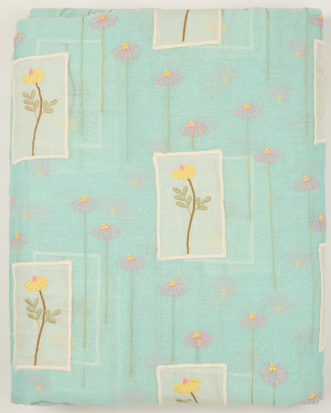 Aqua Blue Fine Chanderi Applique Work Buta Fabric