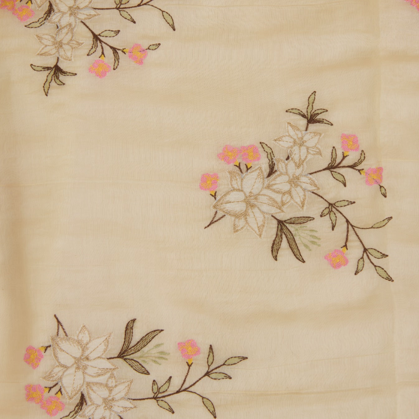 Beige Fine Chanderi Resham & Zari Applique Embroidery Buta Fabric
