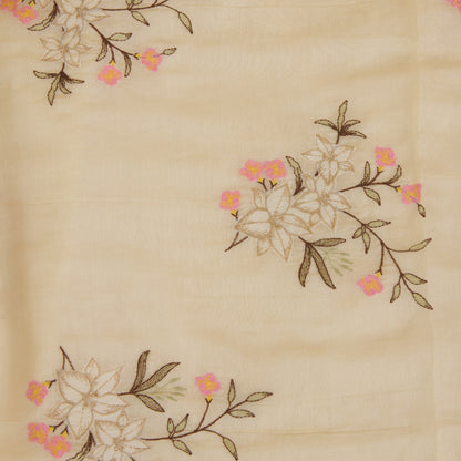 Beige Fine Chanderi Resham & Zari Applique Embroidery Buta Fabric