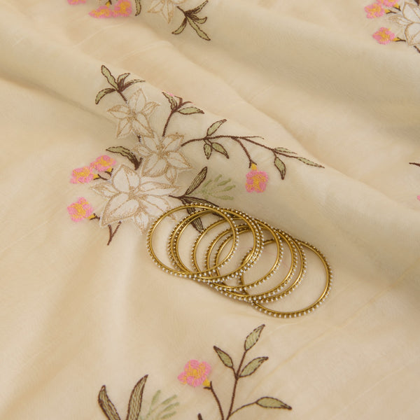 Beige Fine Chanderi Resham & Zari Applique Embroidery Buta Fabric
