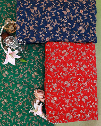 Red Fine Chanderi Antique Gold Kasab Dori Sequin Embroidery Jaal with Minakari Fabric