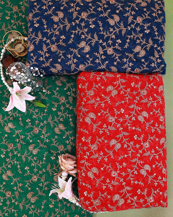 Red Fine Chanderi Antique Gold Kasab Dori Sequin Embroidery Jaal with Minakari Fabric