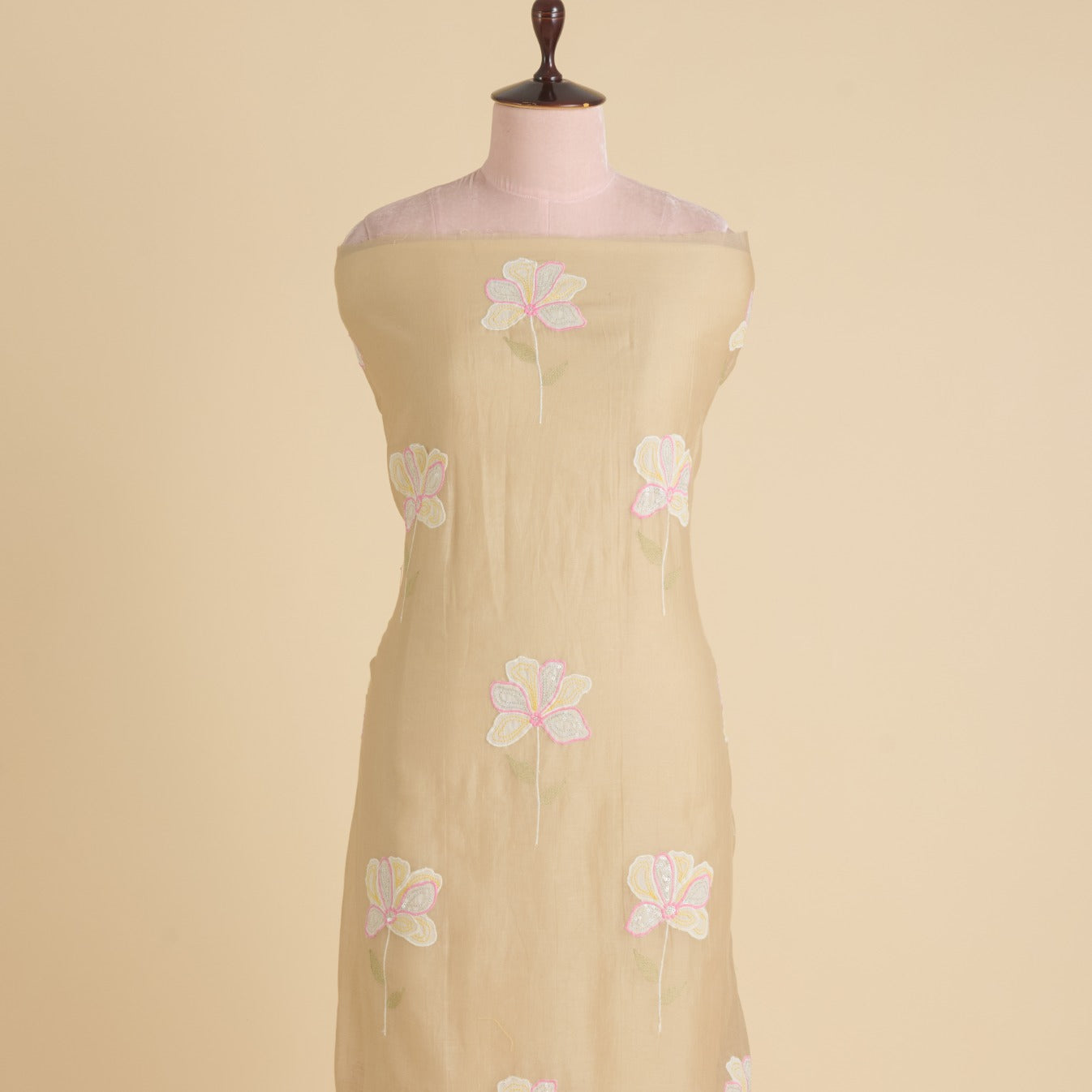 Beige Fine Chanderi Appliqué Work Buta with Sequin & Zari Fabric