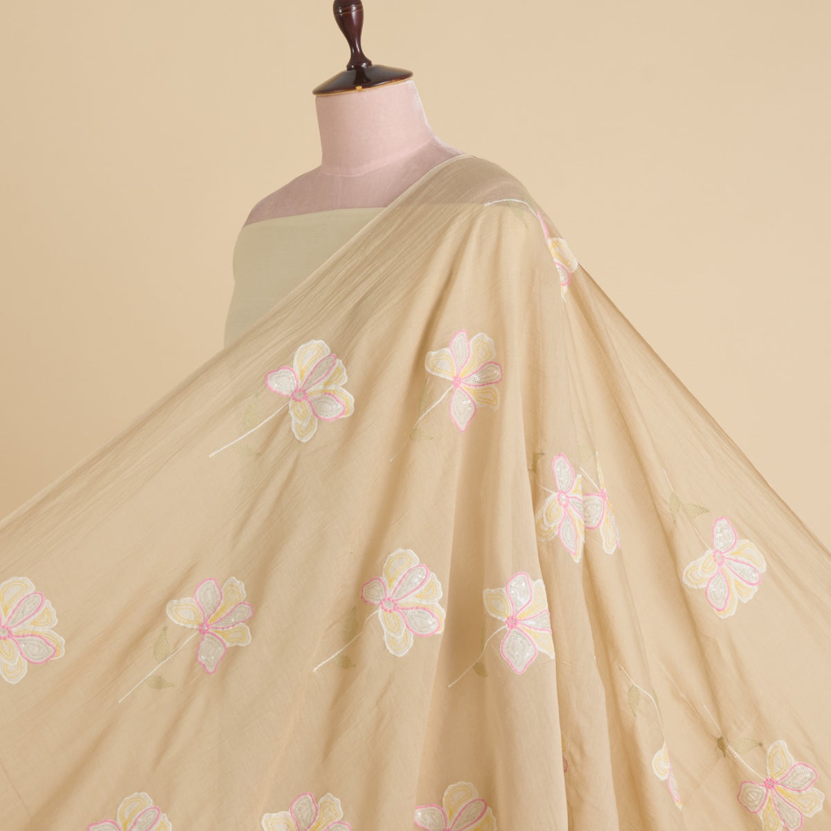 Beige Fine Chanderi Appliqué Work Buta with Sequin & Zari Fabric