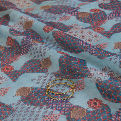Dusty Blue Fine Chanderi Abstract Print Fabric