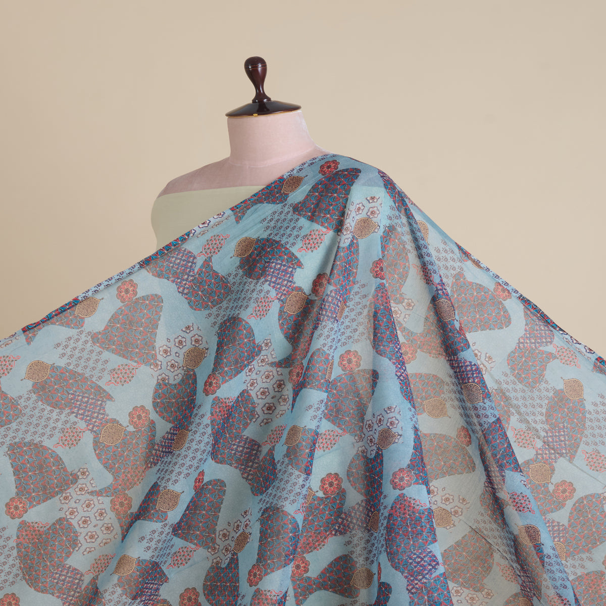 Dusty Blue Fine Chanderi Abstract Print Fabric